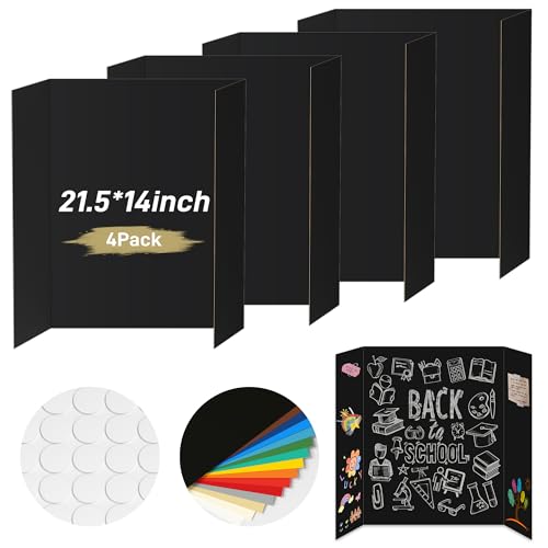 Image of PSHVYM 4 Pcs Black Trifold Poster Board, 21.5 x 14 inches Poster Board with Double Sided Tapes and Cardboard, Corrugated Presentation /Display Board for School Project, Science Fair, Business