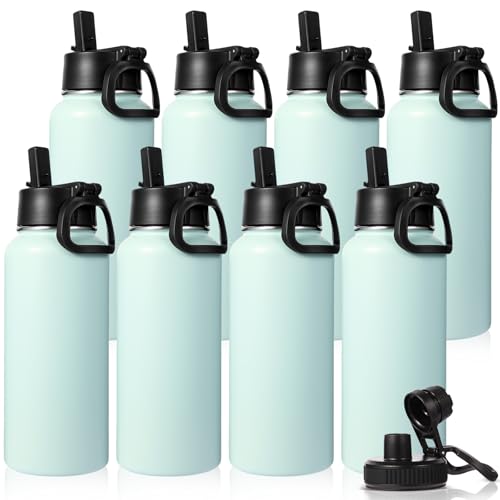 Neihepal 32 oz Insulated Water Bottles Bulk with 2 Lids (Straw & Spout Lid), Stainless Steel Double Wall Water Bottle, Keeps Cold 24H & Hot 12H (Fog,8 Pack)