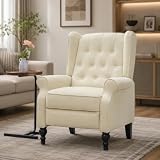 Mid Century Wingback Recliner Chair for Adults, Modern Linen Fabric Push Back Recliner Chairs with Button Tufted Upholstered Back & Footrest, Manual Recliner Chais for Living Room, Nursery, Beige