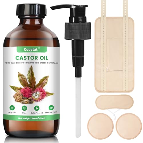 Castor Oil Pack Wrap with 8Fl.Oz Cold Pressed Unrefined Glass Bottle Pure Organic Castor Oil for Stomach Neck and Breast
