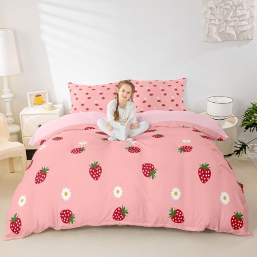 Strawberry Comforter Cover Set Tropical Fruit Bedding Set for Girls Kids Teen Cute Cartoon Fruits Pattern Duvet Cover Soft Microfiber Reversible Bedspread,1 Duvet Cover with 2 Pillowcases, Queen