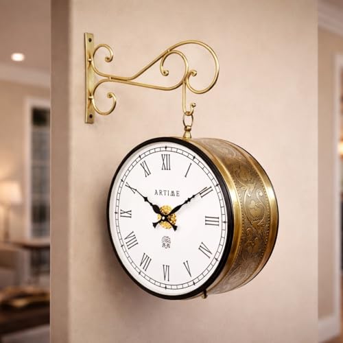 Image of Handcrafted Double Side Metal Analog Vintage Wall Clock | 1.5 Year Machine Warranty | 12 INCHES | 1 Side Number 1 Side Roman,Color L-Golden