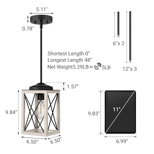 Image of DEWENWILS Pendant Light, Metal Pendant Light Fixtures with Wooden Grain Finish, 48 inch Adjustable Pipes for Flat and Slop Ceiling, Hanging Ceiling Lamp for Kitchen, Living Room, Bedroom, E26 Base