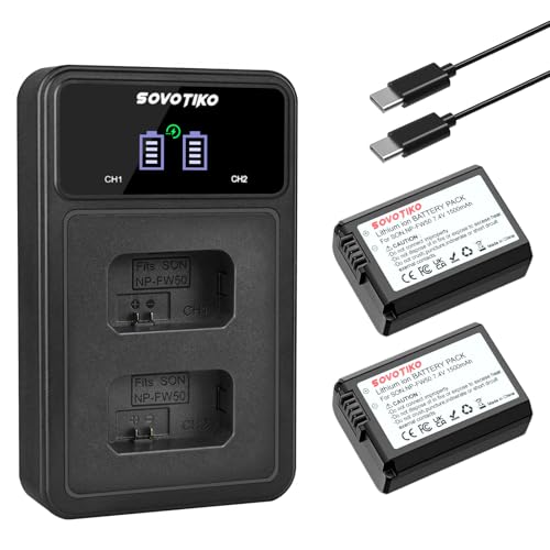 SOVOTIKO NP-FW50 Battery 2-Pack and Dual Port PD Fast Charger for Sony ZV-E10, Alpha 7, A7, A7II, A7RII, A7SII, A7S, A7S2, A7R, A7R2, A5000, A6400, A6500, A6300, A6000, NEX-3, NEX-5 Camera
