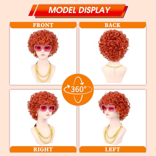 Image of Women Roper Curly Orange Red Cosplay Wig with Necklace Earrings and Sunglasses for Women Hallween Costume Wig