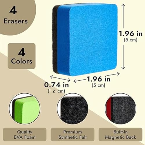 Image of Magnetic Duster for White Board, 4PCS Colorful Whiteboard Erasers, Black Boards Cleaner, 2cm x 2cm Small White Board Cleaner for Office, Classroom, Conference Room