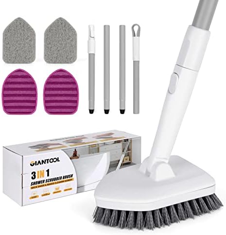 GIANTOOL Shower Scrubber, 3 in 1 Tile Tub Scrubber Brush with Long Handle, No Scratch Shower Brush for Cleaning Bathroom Kitchen Toilet Tub Glass Tile Wall Sink