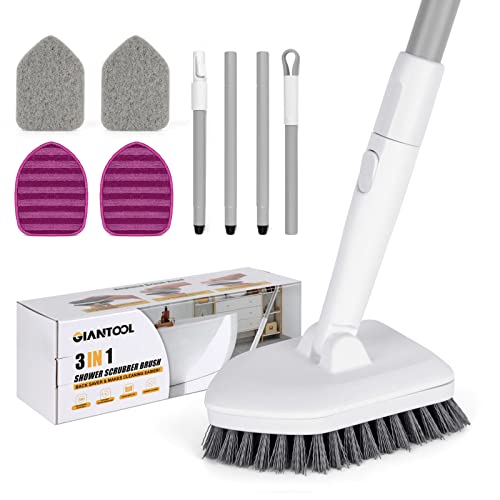 Giantool Shower Scrubber, 3 In 1 Tile Tub Scrubber Brush With Long Handle, No Scratch Shower Brush For Cleaning Bathroom Kitchen Toilet Tub Glass Tile Wall Sink #TOP1