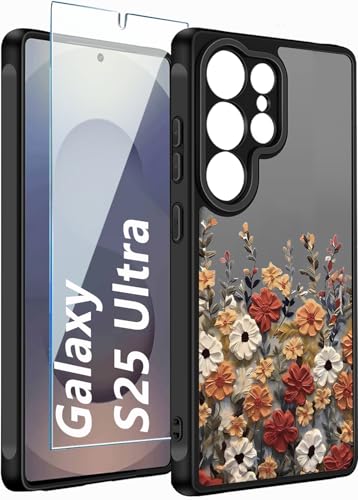 TXXO for Samsung Galaxy S25 Ultra Case Clear Cute Flowers,Galaxy S25 Ultra Case Floral with Screen Protector [Camera Protection] Slim Shockproof Cover for S 25 Ultra Phone Case for Women, Matte Black