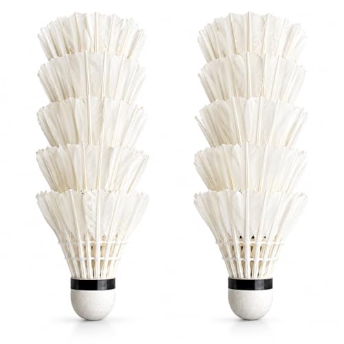 Feather Badminton Shuttlecock Birdies Set of 10 – Durable Replacement Shuttle Cocks with High Speed Stable Flight, Indoor Outdoor Backyard Softball/Baseball Batting Training Practice Recreational Play