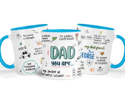Shamsco Taza personalizada para papá – "Source of Wisdom & Biggest Cheerleader" regalo – Día del Padre, cumpleaños, taza de té/café personalizada para papá de parte de hija/hijo – (azul claro)