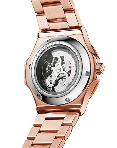 Kredo Men DEDON Rose Gold Mechanical Automatic Skeleton Analouge Water Resistant Stainless Steel Wrist Watch-KW117 | Black Round Dial Silver Strap | Designed in Amsterdam - Image 2