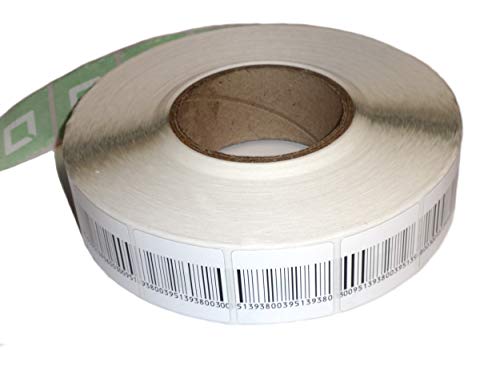 O&W Security Etiquetas adhesivas 1000 unidades, RF 8,2 MHz, 4 x 4 cm, color blanco con código de barras ficticio, desactivables, compatibles con sistemas de seguridad de mercancías RF