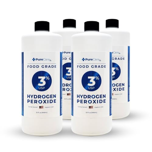 PURECHEM PROS 3% Food Grade Hydrogen Peroxide Solution (32oz 4 Pack) - No Added Stabilizers - Made in the USA derived from 35% food grade hydrogen peroxide
