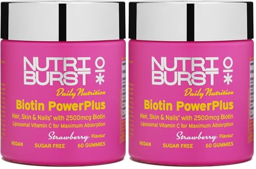 Image of Nutriburst Biotin Power Plus - Biotin (2500mcg) + Liposomal Vitamin C for Healthy Hair & Glowing Skin - Strawberry Flavour - 60 Gummies 1 Month Supply - Suitable for Vegans (Pack of 2)