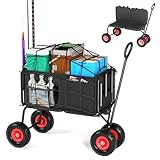 HWPZE 3 in 1 Beach Fishing Cart, Heavy Duty Garden Carts w/All Terrain Inflatable Tires, Folding Wagon Cart, Convert to Chair or Bench with Cushion, Rod Holders and Durable Oxford Bag