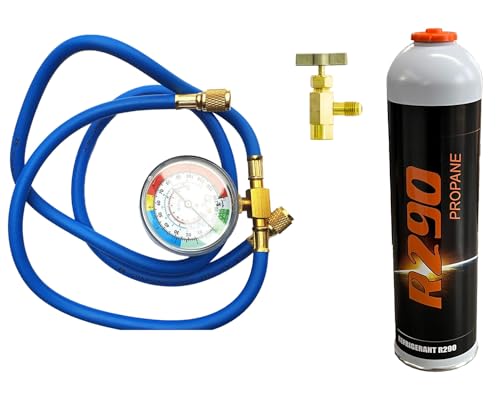 Kit de remplissage R290 avec boîte de gaz 370 g + valve + tuyau manomètre pour climatisation, pompe à chaleur, réfrigérateur