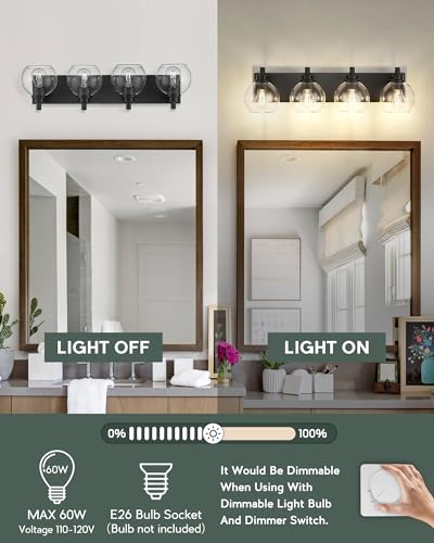 Image of Bathroom Light Fixtures, 4 Light Matte Black Vanity Light, 26 Inch Modern Wall Sconces with Globe Clear Glass Shade, Vanity Lighting Fixtures Over Mirror, VL195-MB-CL-4