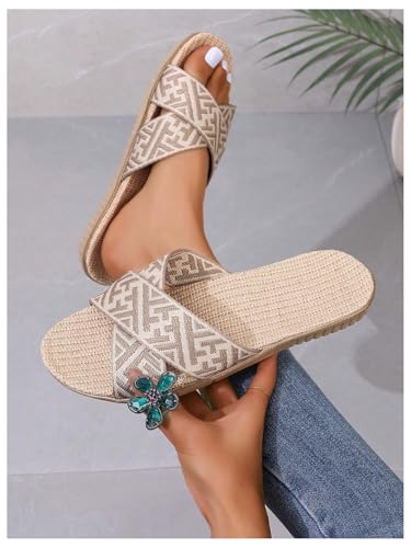 OYOANGLE Women's Graphic Print Criss Cross Strap Linen Slippers Open Toe Slip On Flat Slides Soft Comfy Home Shoes2