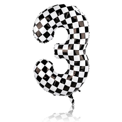 Globo a Cuadros, Globo Grande a Cuadros Blanco y Negro de 101,6 cm Globo de Cumpleaños Globo Numérico para Suministros de Fiesta de Cumpleaños con Tema de Carreras de Coches (3)
