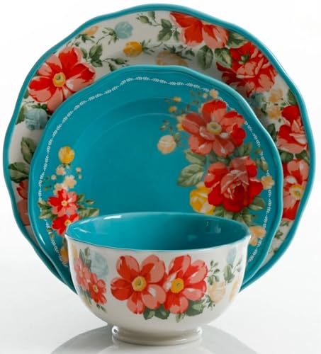 Pioneer Woman Vintage Floral 12-Piece Porcelain Dinnerware Set, Teal – Service for 4 (Plates, Bowls, Salad Plates)