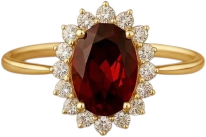 Women’s 14K Yellow Gold Plated Oval Garnet Halo Engagement Ring with CZ Diamond Accents Ring Handmade Jewelry GMR106