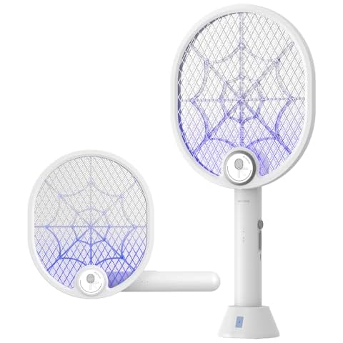 Buzbug Electric Fly Swatter, Type-C Rechargeable Bug Zapper Racket with Charging Base, Foldable Bug Zapper for Indoor and Outdoor, Mosquito Swatter with Blue-Purple Working Light Cover