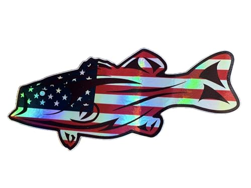 Image of Holographic Bass Sticker - American Flag - Fishing Decals for Trucks - USA Flag Patriotic Country