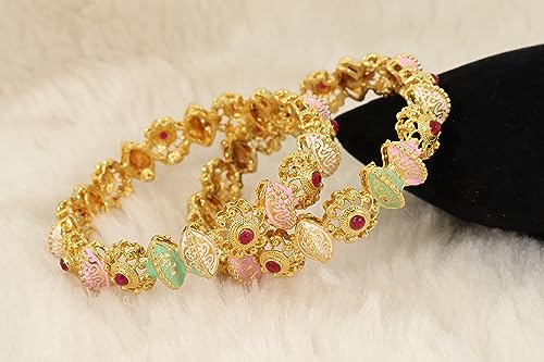 Image of NMII Brass Gold Plated Bangles Set For Girls and Women Studded Pearls and Stone | Gold Plated Brass Bangles | Metal bangles | (Pack of 2)
