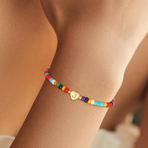 Colorful Initial Bracelets for Women Girls, Cute Beaded Heart Initial Bracelet Teen Girl Gifts Trendy Stuff Gold Personalized Bracelet Gifts for Women2
