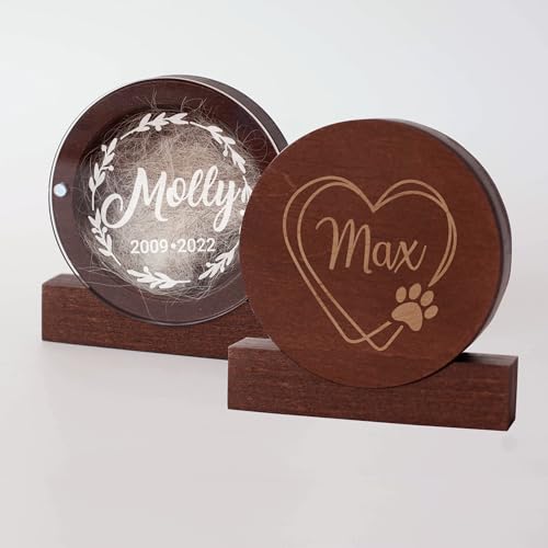 Image of Personalized Pet Hair Keepsake Box for Dog and Cat Fur - Engraved Wood Memorial Box - Unique Customized Gift for Loss of Furry Friend Wooden (Dark Round Wood /Acrylic Lid)
