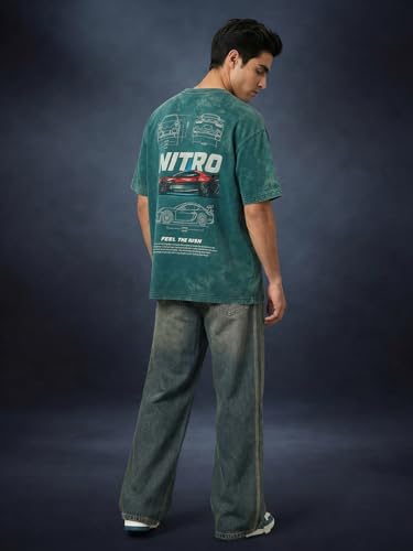 Image of Veirdo Heavy GSM Pure Cotton Men's Graphic Print Oversized Fit Half Sleeve Round Neck Cotton Acid Wash Print T-Shirt in Different Colors with Sizes ranging from S to 2XL.