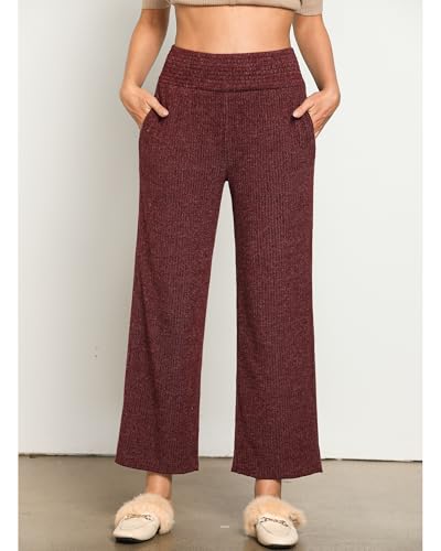 GRAPENT Ribbed Wide Leg Pants Woman High Waisted Pull On Lounge Fleece Knit Fall Smocked Elastic Waist Pants with Pocket4