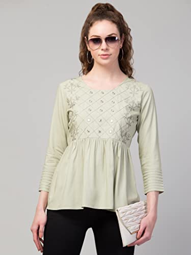 Image of FIMS - Fashion is my style Women Cotton Pleated & Gathered Embroidery Stone Full Sleeves Top Regular Fit Round Neck Tops for Girls