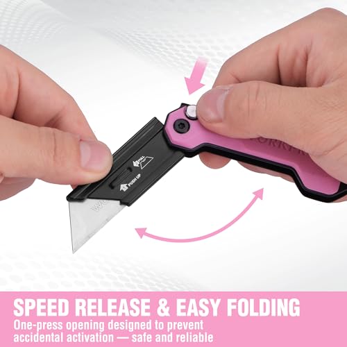 WORKPRO Vouwmes, universeel mes, cuttermes, zakmes met snelwisselmechanisme, G10-handgreep, met 10 extra SK5-mesjes, ideaal voor het snijden van leer, PVC, papier, roze - Afbeelding 5