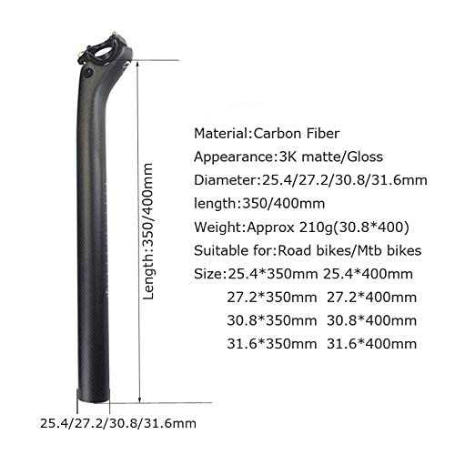 Tige De Selle Carbone Alfa Pasca Pour VTT - Diamètres 27.2/30.8/31.6mm, Longueur 350/400mm, Décalage 25mm