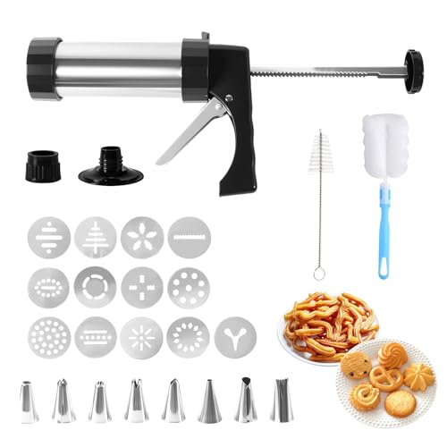 Tiaforza Stainless Steel Cookies Press Set, Churro Maker Machine, Cookie Press Gun Kit with 13 Cookie Discs, 8 Piping Tips and 2 Clean Brushes for DIY Biscuit/Cake Maker and Decorating Baking Supplies by Tiaforza - Used condition - US$15.99