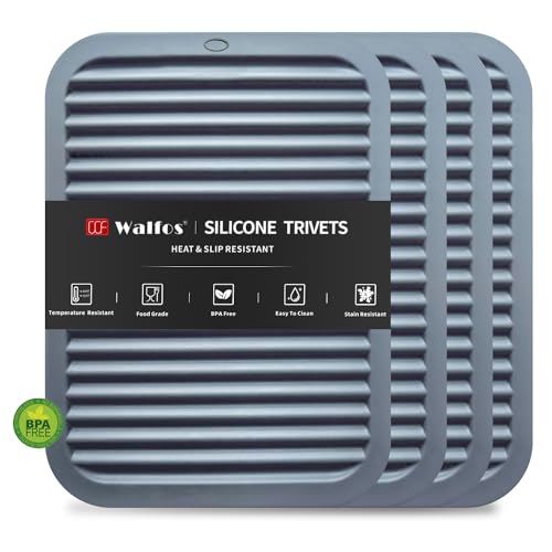Image of Walfos Silicone Trivets for Hot Pots and Pans - Heat Resistant Hot Pads for Kitchen Counter- 4 Pcs Multi-Purpose & Versatile Trivet Mat - Long-Lasting & Flexible Silicone Hot Pad（Gray）