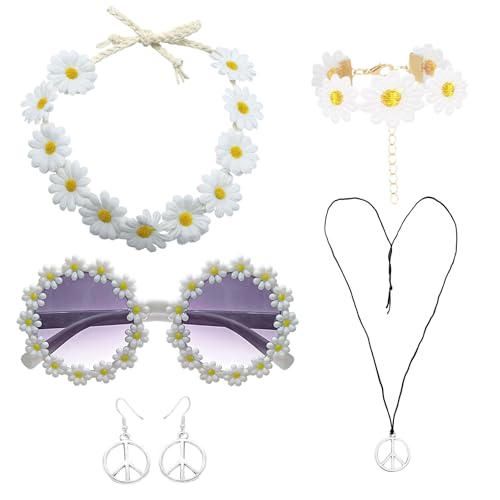 FUIPVGI 6 peças Hippie Costume Set, acessórios retro estilo anos 60 e 70, diadema de margarida óculos colares pendentes, pulseira conjunto de disfarce hippie para festa temática mascarada (branco)