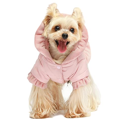 Fitwarm Ruffle Quilted Dog Coat, Pet Puffer Jacket With Hood, Dog Winter Clothes For Small Dogs Girl, Cat Hooded Outfit, Pink, Small #TOP23