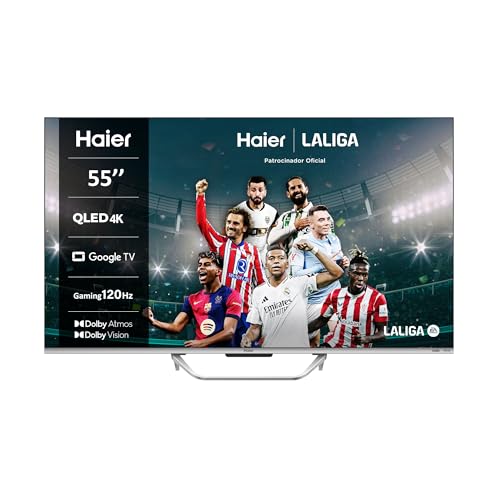 Haier QLED 4K UHD H55Q800UX - 55', Smart TV, Google TV, Dolby Atmos y Dolby Vision, HDR 10, Smart Remote Control, Google Assistant, Bluetooth 5.1, DBX TV, HDMI 2.1 x 4, Sin Marcos, 2023