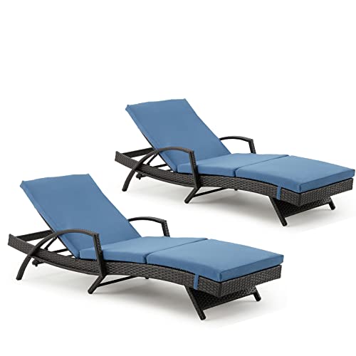 HOMREST Patio Lounge Chair Set of 2, Outdoor Chaise Lounge with Adjustable Backrest & Thickened Cushion, PE Rattan Pool Lounge Chairs for Deck Backyard Porch Garden, Blue HOMREST Patio Lounge Chair Set of 2, Outdoor Chaise Lounge with Adjustable Backrest & Thickened Cushion, PE Rattan Pool Lounge Chairs for Deck Backyard Porch Garden, Blue