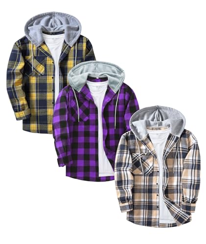 3-Pack Men's Plaid Hooded Button-Up Shirts Long Sleeve Cotton Hoodies Loose Fit Casual Tops Flannel Shirt