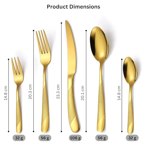Image of Aurum Gold French Style Silverware Set | 5-Piece Hammered Flatware with 2-in-1 Serrated Knife | 18 /10 Stainless Steel Cutlery Set | Perfect for Home, Restaurant & Festive Gifting