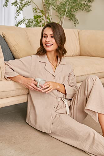 Ekouaer Thermal Pajamas Womens Button Down Shirt And Pants With Pocket Comfy Night Wear Suit Cotton Linen Sleep Cloth For Holiday And Dailylife Khaki Xxl Plus Size #TOP2