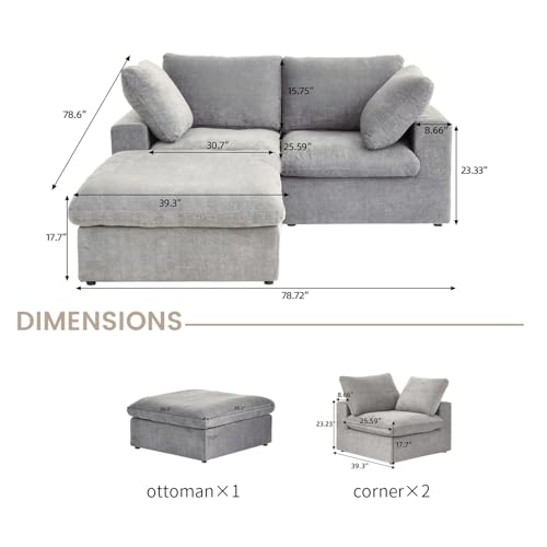 Cloud Couch Modular Sectional Sofa for LivingRoom, 80.3" Down Filled L Shaped Couch, 2 Seater+ 1 Storage Ottoman Convertible Funiture for Apartment(Grey, LoveSeat+1 Ottoman)