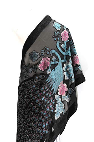 Handmade Elegant Black Emerald Color Peacock Silk Burnout Velvet Fringed Scarf Shawl Wrap #TOP17