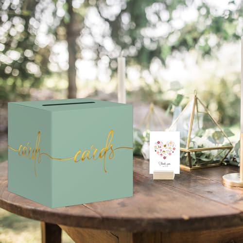 Image of Sage Green Card Box with Gold Foil Design, Paperboard 8.7 inch Card Box for Birthday Wedding Party Graduation Retirement Anniversary Valentine's Day & Baby Showers, Raffle or Money Box
