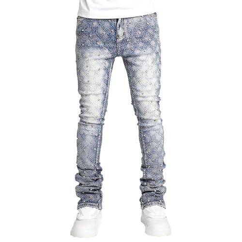 Men Stretch Faux Pearl Denim Pants Mid Rise Distressed Fashion Straight Jeans Y2K Causal Cozy Streetwear Trousers