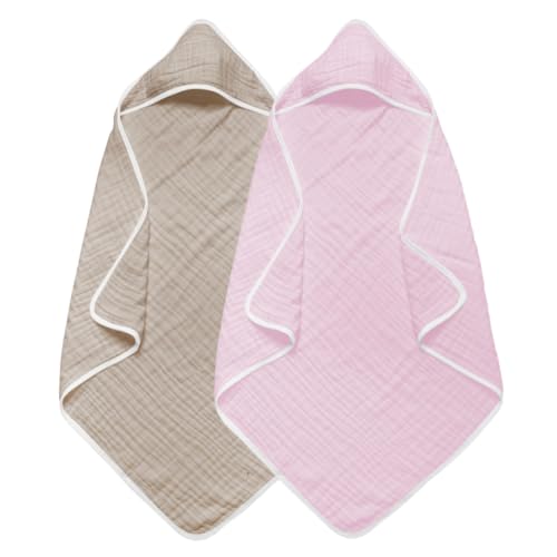 Image of Arnzion Baby Hooded Bath Towels 2 Pack Brown and Pink Muslin Cotton Ultra Soft Absorbent Quick Dry Toddler Towel for Newborn Infant Kids Large 32x32 Inch Bath Beach Swaddle Blanket